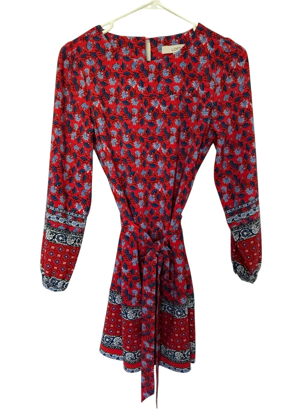 LOFT Red Floral Tie-Waist Long Sleeve Dress w/ Navy Accents Women SP